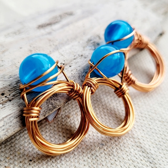 HANDMADE Boho Rings Lot Copper Gold Rose & Silver Wire Wrapped Glass Beads - Picture 8 of 14